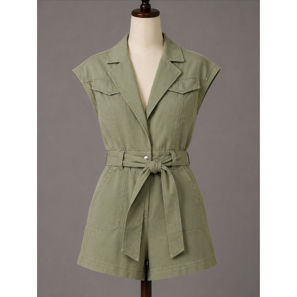 Jonathan Simkhai Romper Womens XS Green Twill Sleeveless Belted Collared Utility